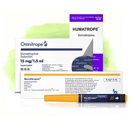 Box of Humatrope, Omnitrope 15mg, and Norditropin 5mg Injectable Syringe on a green and white background