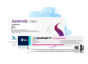 HGH Saxenda box and Genotropin C box with HGH injection pen in front of boxes