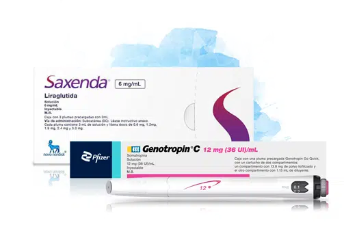 HGH Saxenda box and Genotropin C box with HGH injection pen in front of boxes