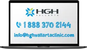 HGH Vallarta logo, phone number and email address on laptop screen