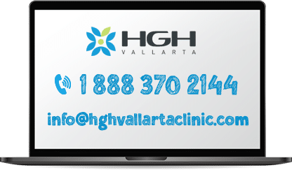 HGH Vallarta logo, phone number and email address on laptop screen