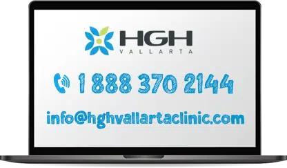 HGH Vallarta logo, phone number and email address on laptop screen