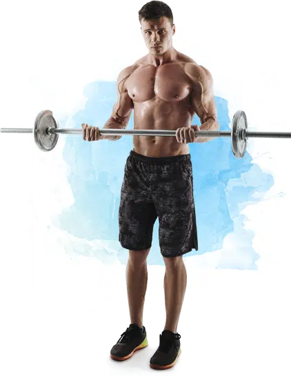 Male body builder in shorts with shirt off holding bar and doing curls to represent HGH dosage for body building