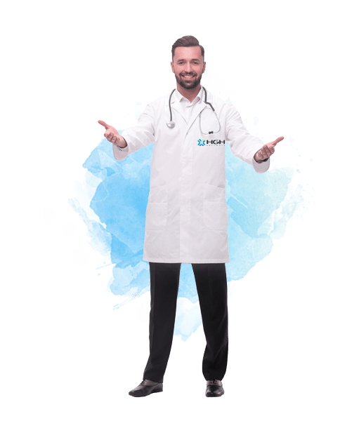 endocrinologist with outstrecthed arms welcoming HGH patients