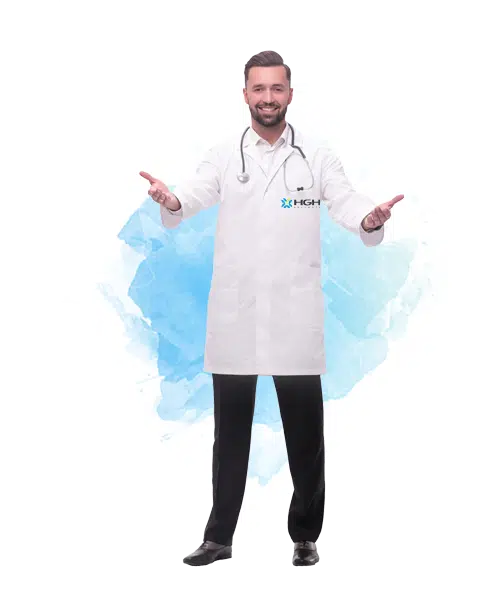 endocrinologist with outstrecthed arms welcoming HGH patients