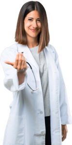 female endocrinologist in white jacket and 1 arm out stretched welcoming you in