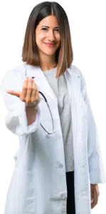 female endocrinologist in white jacket and 1 arm out stretched welcoming you in