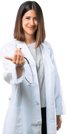 female endocrinologist in white jacket and 1 arm out stretched welcoming you in