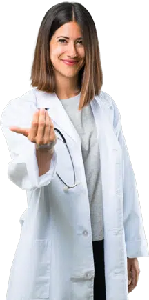 female endocrinologist in white jacket and 1 arm out stretched welcoming you in