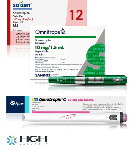 image of saizen, omnitrope, and genotropin HGH injection boxes with Genotropin HGH injection pen in front of boxes.