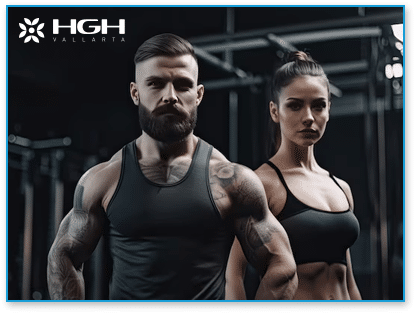 male and female body builder in gym showing off HGH Cycle results