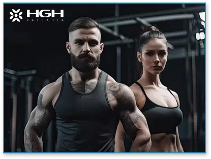 male and female body builder in gym showing off HGH Cycle results