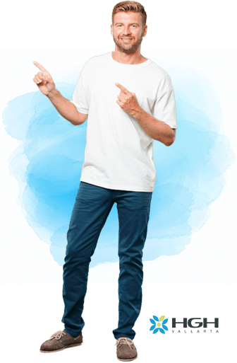 man in white shirt pointing hands up