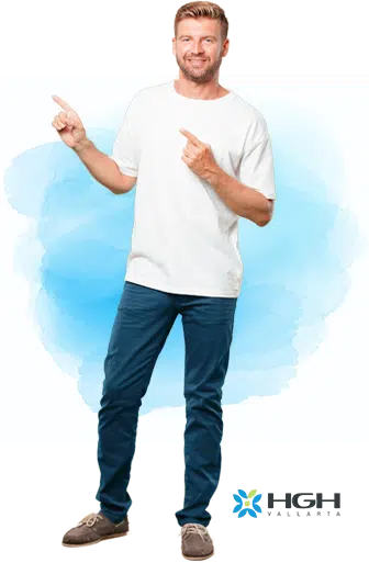 man in white shirt pointing hands up