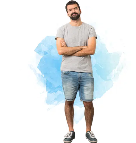 man on white and blue background crossing arms and contemplating the common signs of growth hormone deficiency